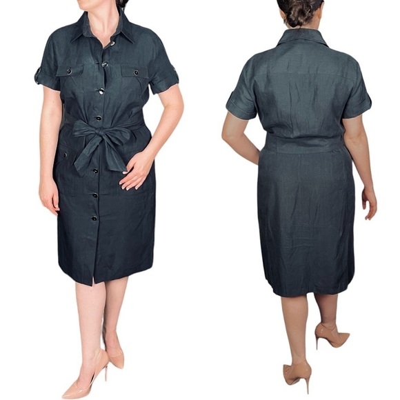 ARMANI COLLEZIONI LINEN BUTTON DOWN BELTED SAFARI STYLE BLACK SHIRT DRESS - Picture 2 of 15